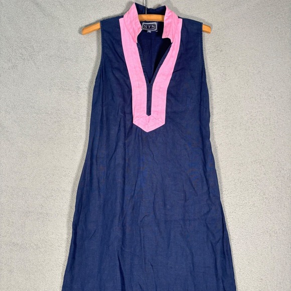 STS Sail to Sable Linen Maxi Dress M Navy Blue Pink Collar Coastal Prep - Picture 3 of 13